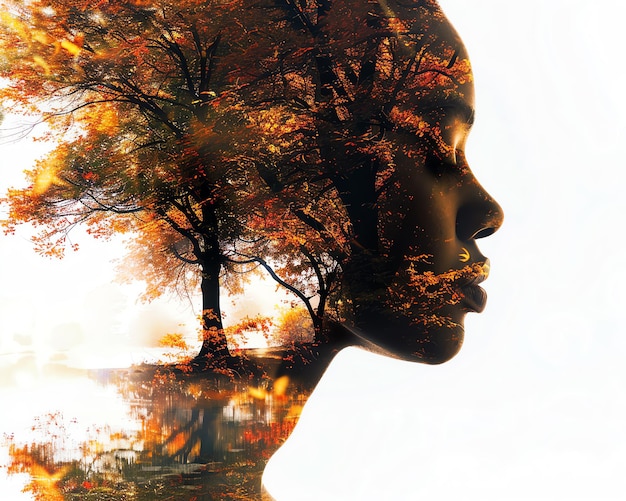 Double exposure of a serene womans profile blending with an autumn tree