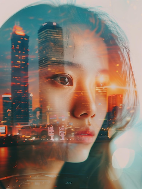 Photo double exposure shot of beautyful asian woman with open eyes and big city buildings ai generative