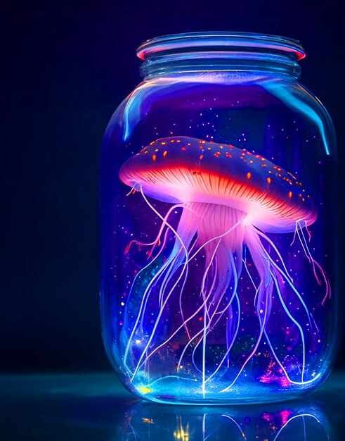 Photo double exposure shot of an ultra detailed jellyfish with iridescent glow inside of a jar