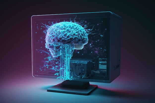 Double exposure shows a desktop computer drawing a hologram of the brain Concept of artificial intelligence