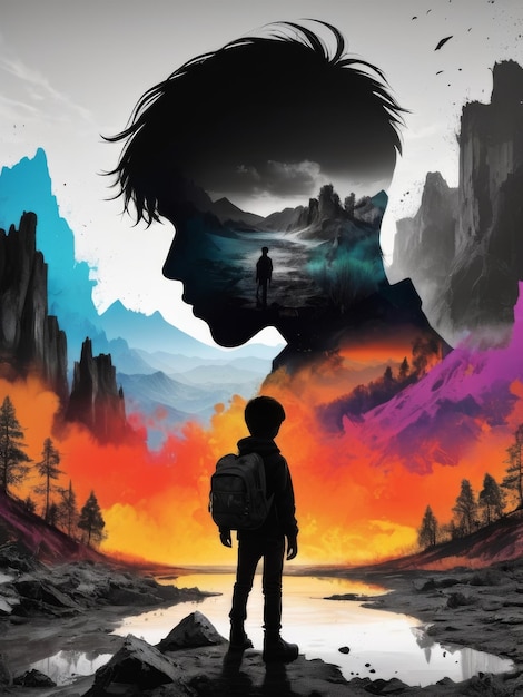 double exposure silhouette of boy and nature