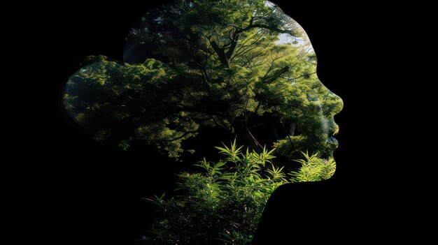 Double exposure silhouette head portrait of a thoughtful man combined with photograph of forest Conceptual image showing unity of human with nature Ecology freedom environment