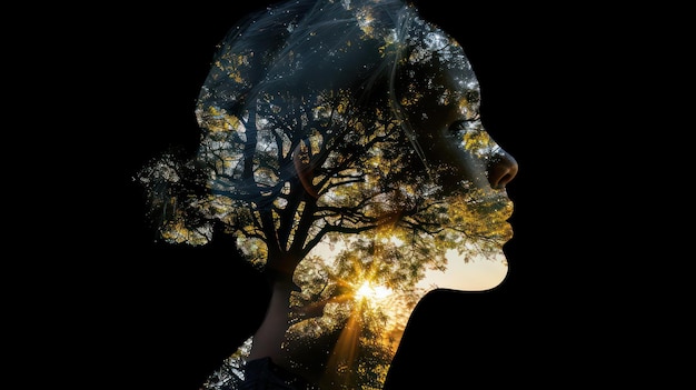 Double exposure silhouette head portrait of a thoughtful man combined with photograph of forest Conceptual image showing unity of human with nature Ecology freedom environment