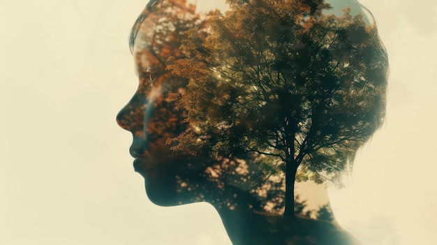 Double exposure silhouette head portrait of a thoughtful man combined with photograph of forest Conceptual image showing unity of human with nature Ecology freedom environment