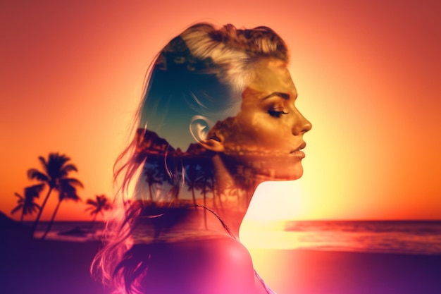 Double Exposure Summer Themed Portrait of a Woman