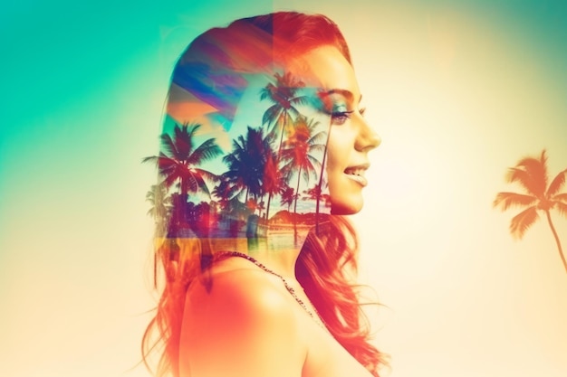 Double Exposure Summer Themed Portrait of a Woman