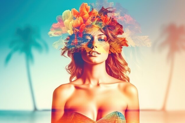 Double Exposure Summer Themed Portrait of a Woman