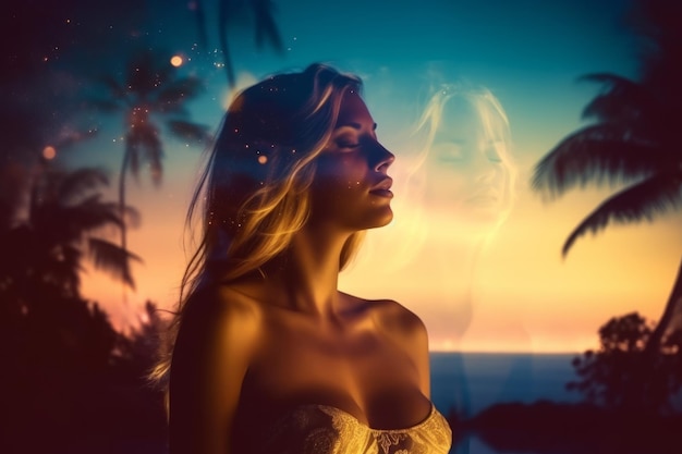 Double Exposure Summer Themed Portrait of a Woman