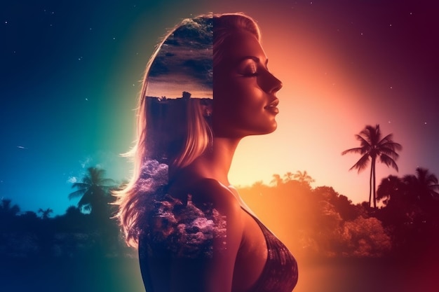 Double Exposure Summer Themed Portrait of a Woman