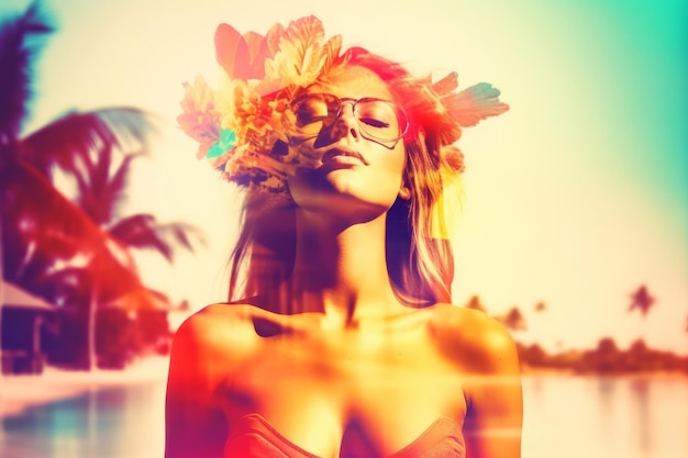 Double Exposure Summer Themed Portrait of a Woman