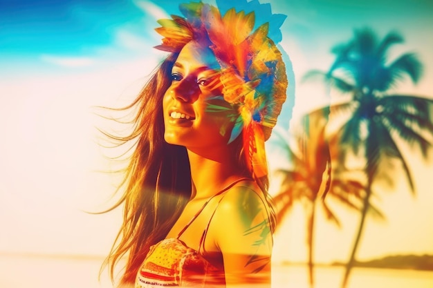 Double Exposure Summer Themed Portrait of a Woman