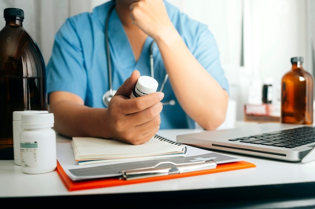 Double exposure of technology healthcare And Medicine concept Doctors using digital tablet and modern virtual screen interface icons panoramic banner blurred background