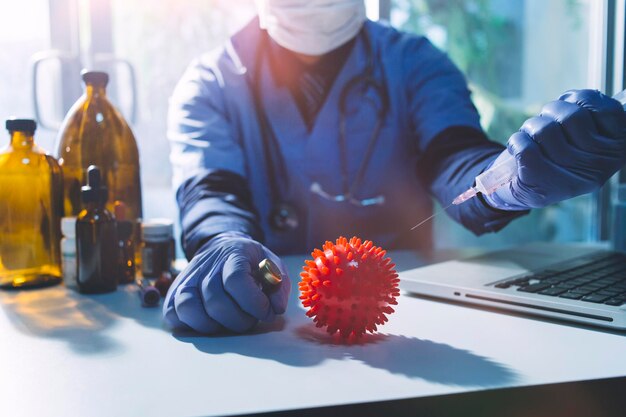 Double exposure of technology healthcare And Medicine concept Doctors using digital tablet and modern virtual screen interface icons panoramic banner blurred background