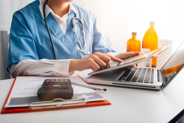 Double exposure of technology healthcare And Medicine concept Doctors using digital tablet and modern virtual screen interface icons panoramic banner blurred background