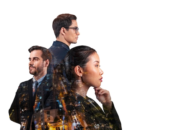 Double exposure of three young successful business people man and woman standing in front of Asian city Bangkok background Concept of hard work and study Modern life way Night time