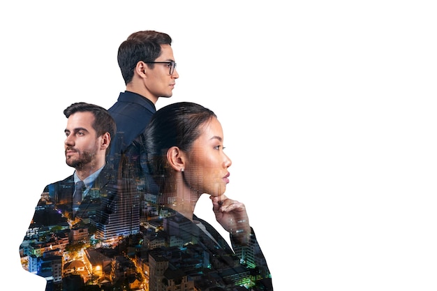 Double exposure of three young successful business people man and woman standing in front of Asian city Bangkok background Concept of hard work and study Modern life way Night time