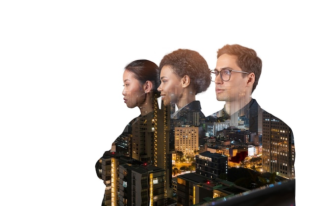 Double exposure of three young successful business people man and woman standing in front of Asian city Bangkok background Concept of hard work and study Modern life way Night time