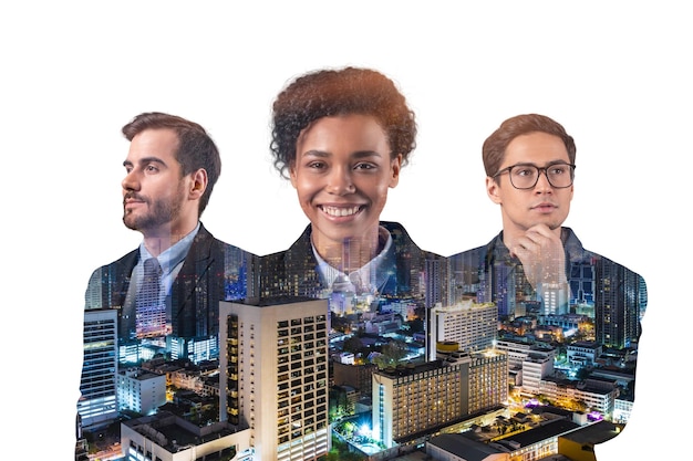 Double exposure of three young successful business people man and woman standing in front of Asian city Bangkok background Concept of hard work and study Modern life way Night time