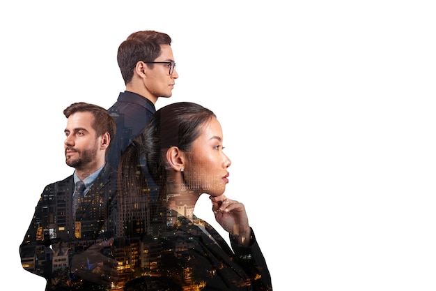 Double exposure of three young successful business people man and woman standing in front of Asian city Bangkok background Concept of hard work and study Modern life way Night time