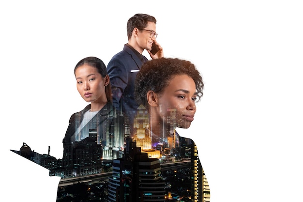 Double exposure of three young successful business people man and woman standing in front of Asian city Kuala Lumpur background Concept of hard work and study Modern life way Night time