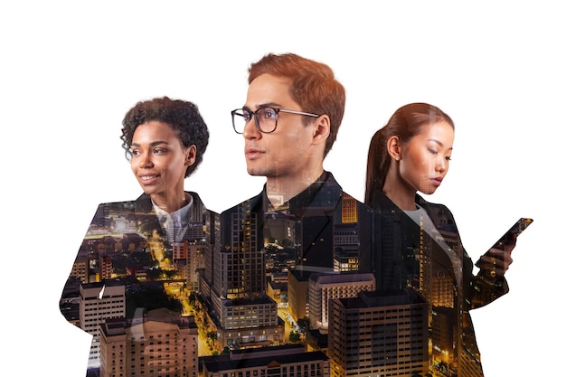 Double exposure of three young successful business people man and woman standing in front of Asian city Kuala Lumpur background Concept of hard work and study Modern life way Night time