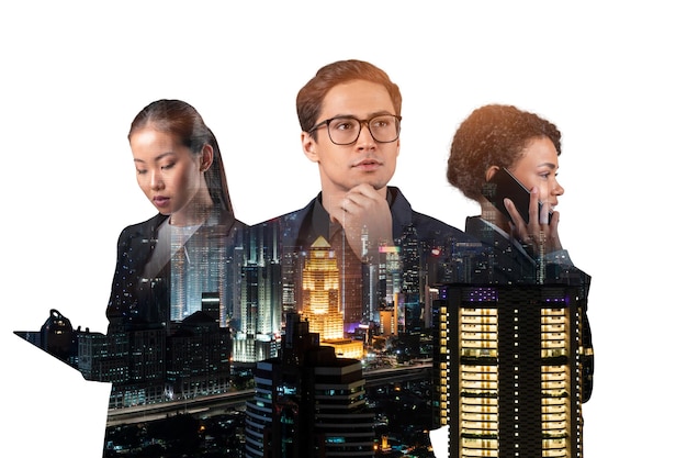 Double exposure of three young successful business people man and woman standing in front of Asian city Kuala Lumpur background Concept of hard work and study Modern life way Night time