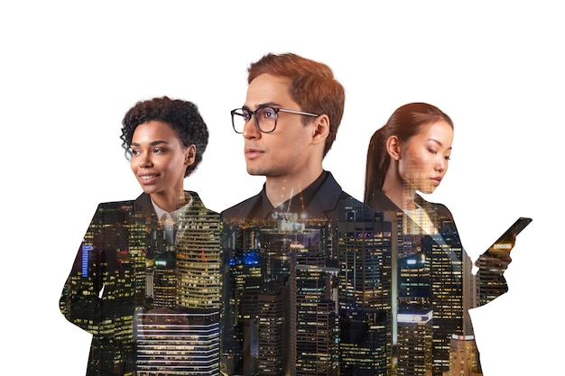 Double exposure of three young successful business people man and woman standing in front of Asian city Singapore background Concept of hard work and study Modern life way Night time