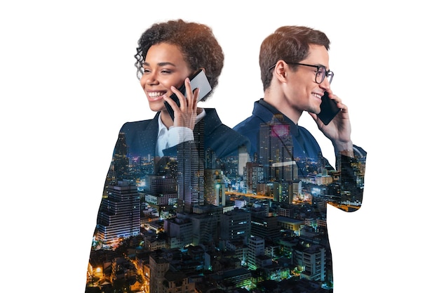 Double exposure of two young successful business people man and woman standing in front of Asian city Bangkok background Concept of teamwork Night time