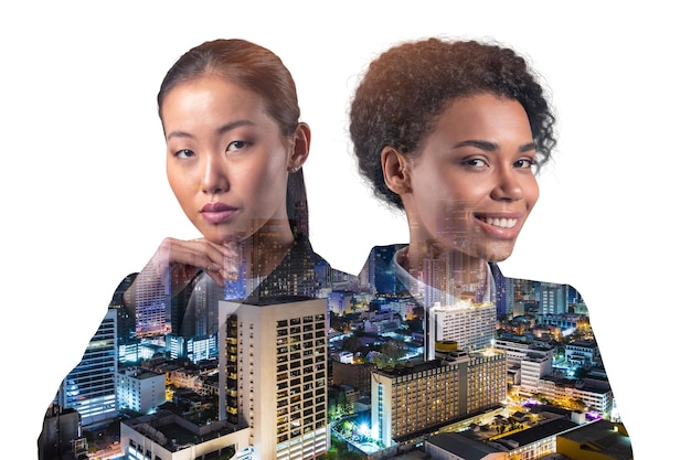 Double exposure of two young successful business people woman standing in front of Asian city Bangkok background Concept of teamwork Night time