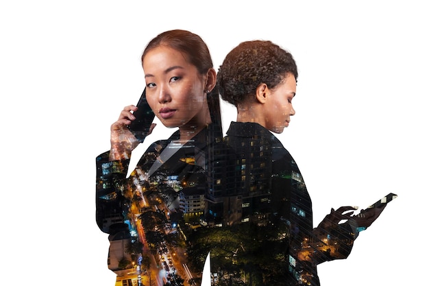 Double exposure of two young successful business people woman standing in front of Asian city Bangkok background Concept of teamwork Night time