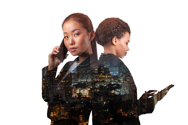 Double exposure of two young successful business people woman standing in front of Asian city Bangkok background Concept of teamwork Night time