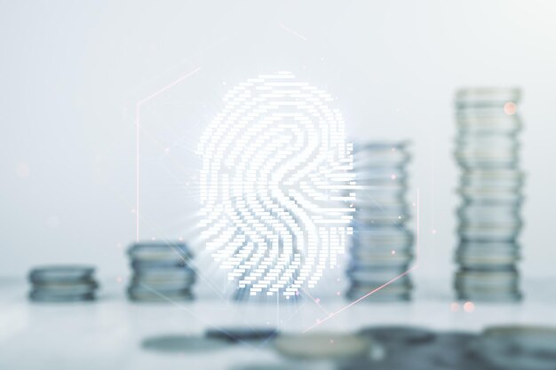 Double exposure of virtual creative fingerprint hologram on growing stacks of coins background research and development concept