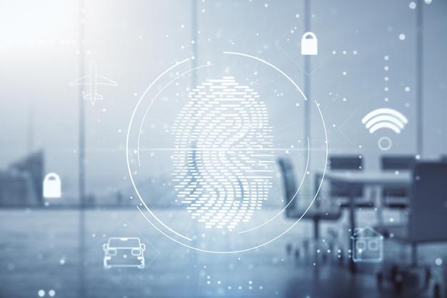 Double exposure of virtual creative fingerprint hologram on a modern meeting room background research and development concept