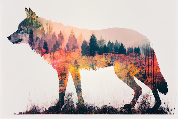 Double exposure of a wolf and a forest as concept of adventure and exploring nature Generative AI