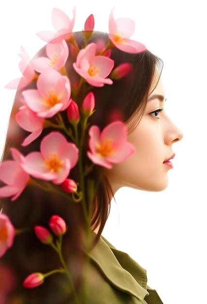 Photo double exposure of woman and blossoming flowers