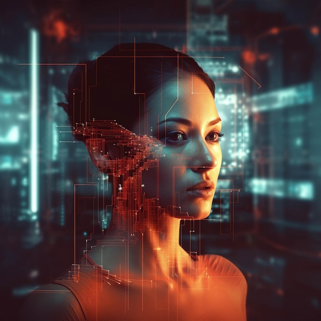 Double exposure of woman face and technology background 3D rendering