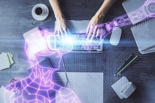 Photo double exposure of woman hands working on computer and man in ar glasses hologram drawing top view virtual reality concept