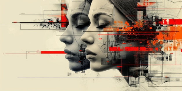 Double exposure of woman and man face combined with digital background