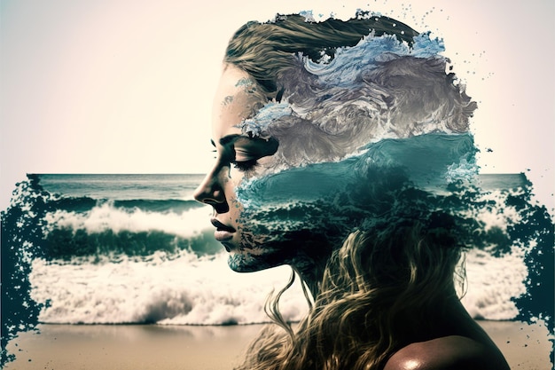 Double exposure woman portrait with the with ocean wave for calm mind