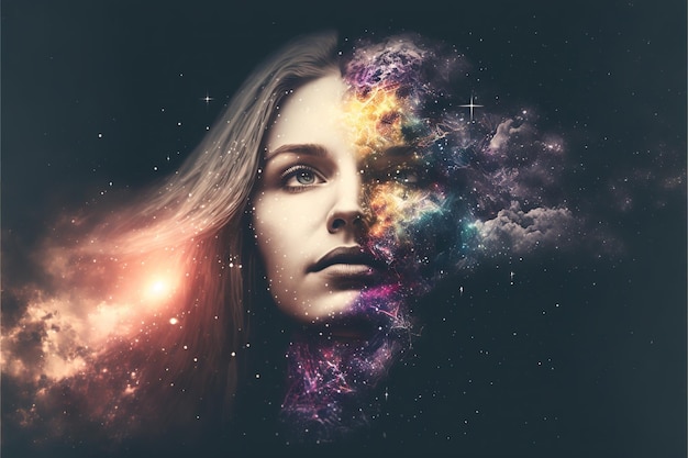 Double exposure woman and space portrait for sense of mind concept