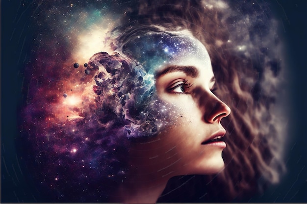 Double exposure woman and space portrait for sense of mind concept