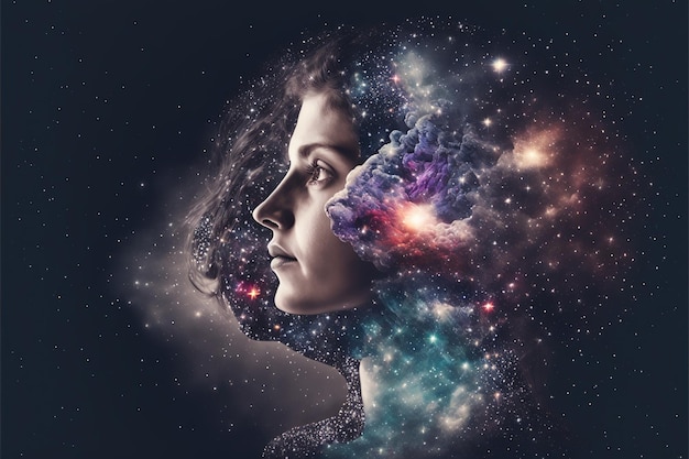 Double exposure woman and space portrait for sense of mind concept