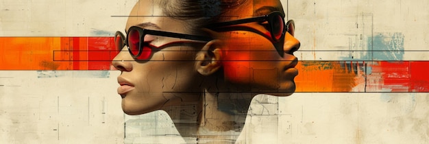 Double exposure of a woman with glasses and a grunge background