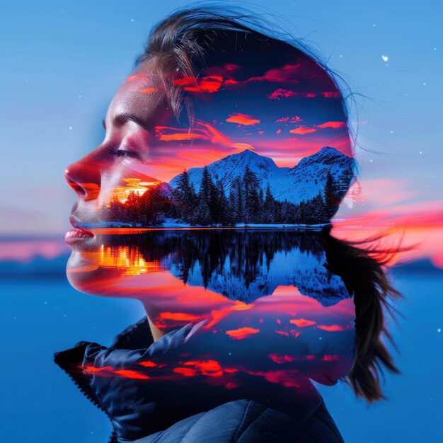 Photo double exposure of woman with mountain sunset