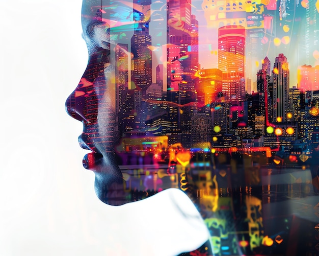 Double exposure of a womans face and cityscape blending portrait and urban scenes