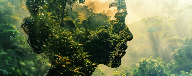 Photo double exposure of womans face with lush green forest background symbolizing harmony with nature an