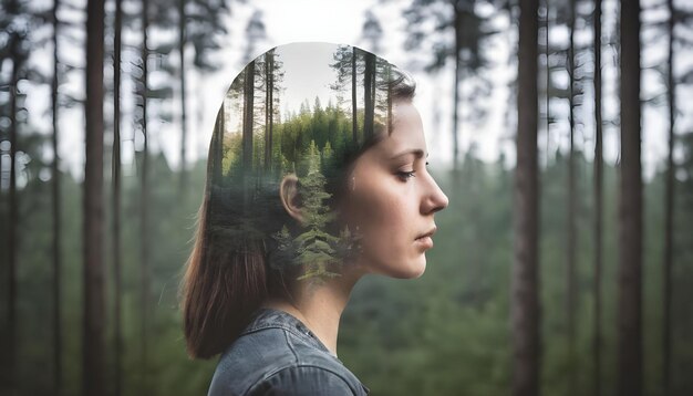 Photo double exposure of a womans head with forest landscape in the background woman and nature