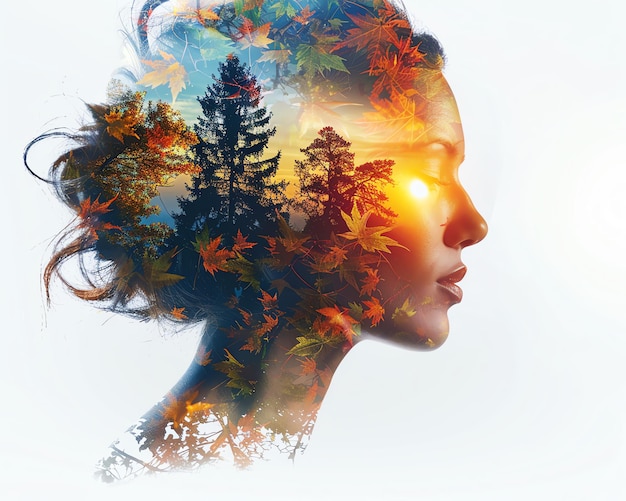 Double exposure of a womans profile and autumn forest symbolizing natural beauty tranquility