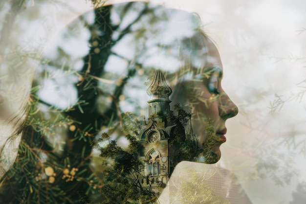 Double Exposure of Womans Profile and Church with Nature Symbolizing Spiritual Connection