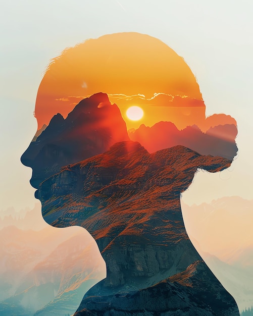 Double exposure of a womans silhouette and a sunset mountain landscape representing imagination